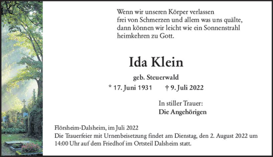 Traueranzeige von Ida Klein von vrm-trauer Wormser Zeitung