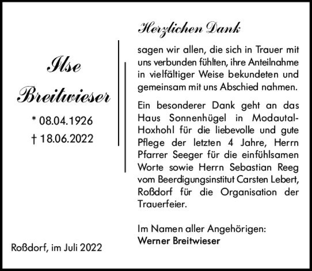  Traueranzeige für Ilse Breitwieser vom 16.07.2022 aus vrm-trauer Darmstädter Echo