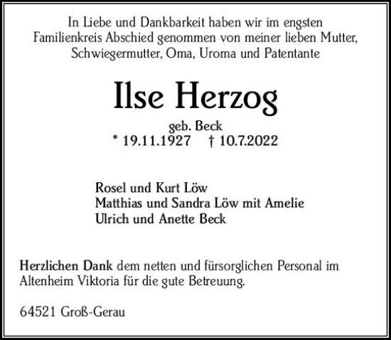 Traueranzeige von Ilse Herzog von vrm-trauer Groß-Gerauer Echo