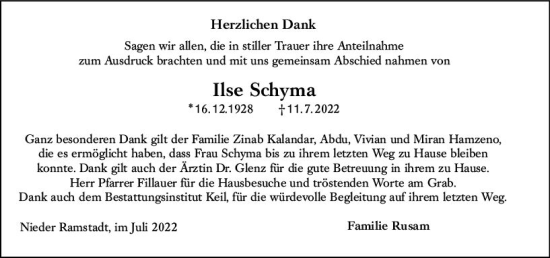 Traueranzeige von Ilse Schyma von vrm-trauer Darmstädter Echo