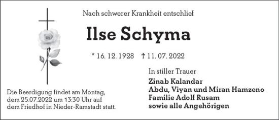 Traueranzeige von Ilse Schyma von vrm-trauer Darmstädter Echo