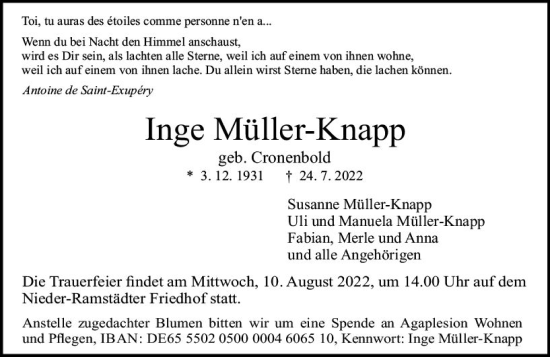 Traueranzeige von Inge Müller-Knapp von vrm-trauer Darmstädter Echo