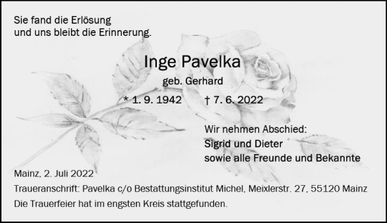 Traueranzeige von Inge Pavelka von vrm-trauer AZ Mainz