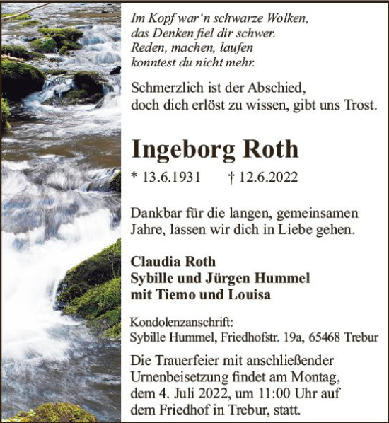Traueranzeige von Ingeborg Roth von vrm-trauer Groß-Gerauer Echo