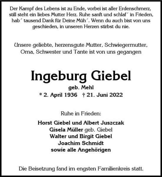 Traueranzeige von Ingeburg Giebel von vrm-trauer Wiesbadener Kurier