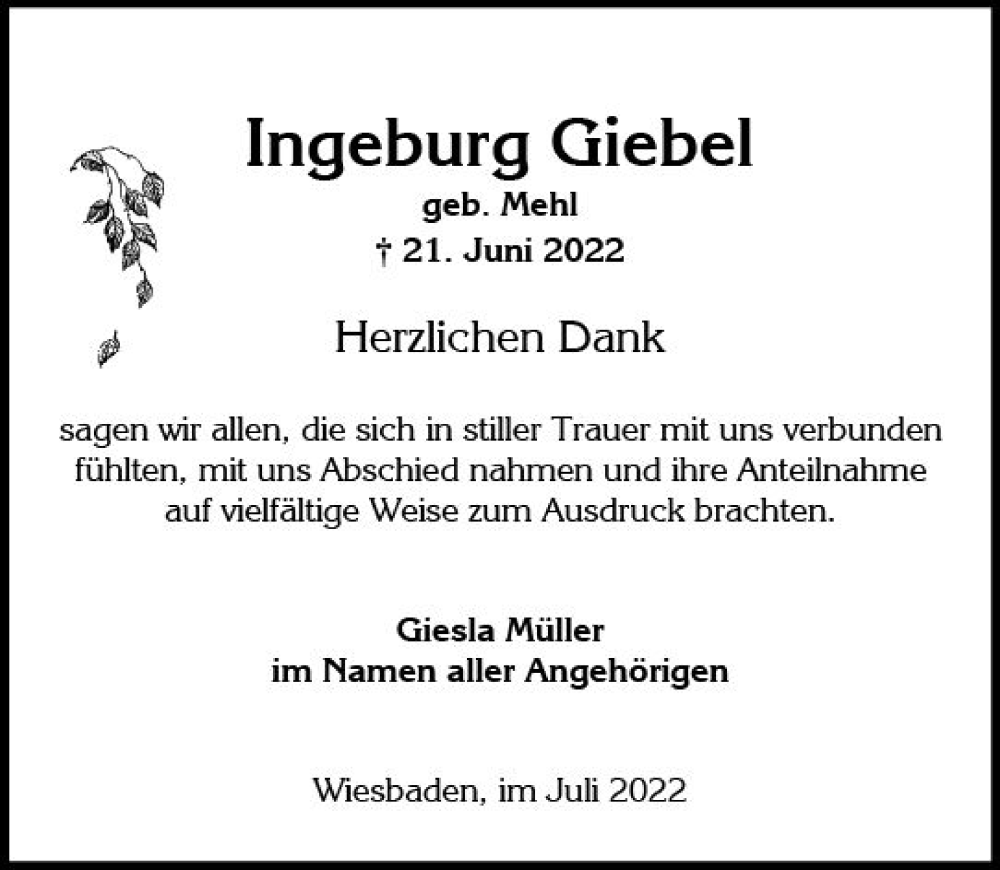  Traueranzeige für Ingeburg Giebel vom 16.07.2022 aus vrm-trauer Wiesbadener Kurier