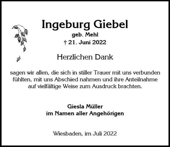 Traueranzeige von Ingeburg Giebel von vrm-trauer Wiesbadener Kurier
