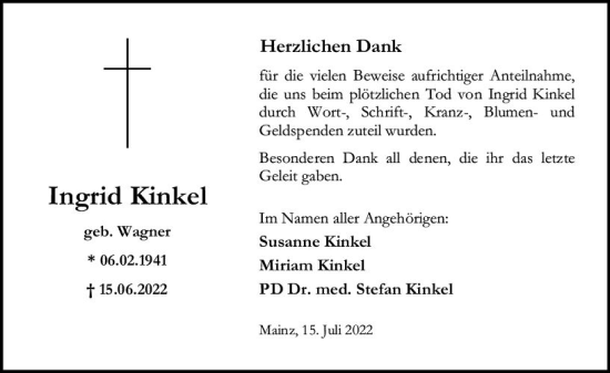 Traueranzeige von Ingrid Kinkel von vrm-trauer AZ Mainz