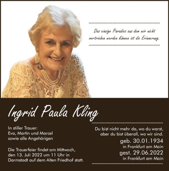 Traueranzeige von Ingrid Paula Kling von vrm-trauer Darmstädter Echo