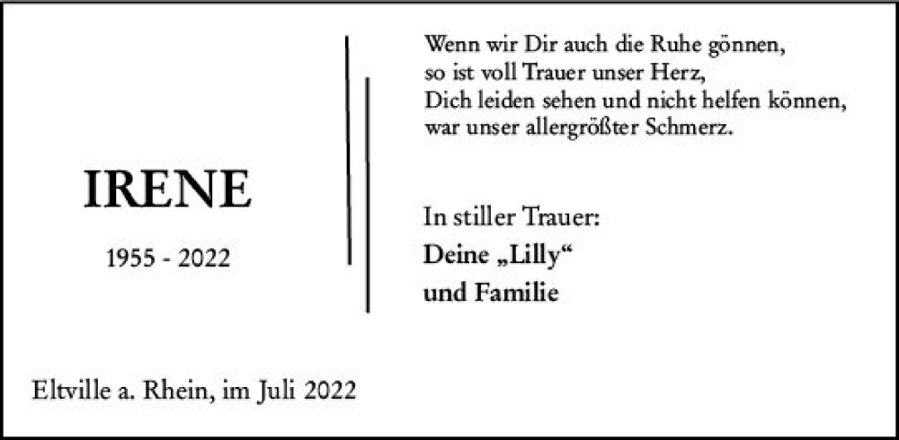  Traueranzeige für Irene  vom 30.07.2022 aus vrm-trauer Wiesbadener Kurier