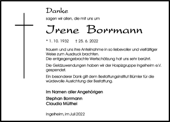 Traueranzeige von Irene Borrmann von vrm-trauer Allgemeine  Zeitung Ingelheim-Bingen
