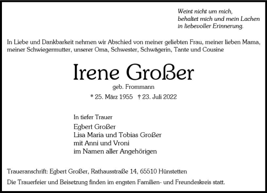 Traueranzeige von Irene Großer von vrm-trauer Wiesbadener Kurier