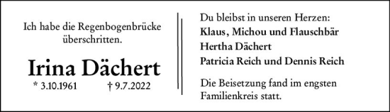 Traueranzeige von Irina Dächert von vrm-trauer Darmstädter Echo