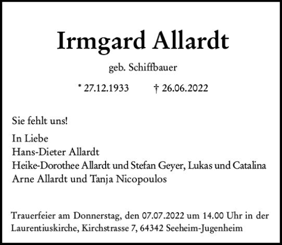 Traueranzeige von Irmgard Allardt von vrm-trauer Darmstädter Echo