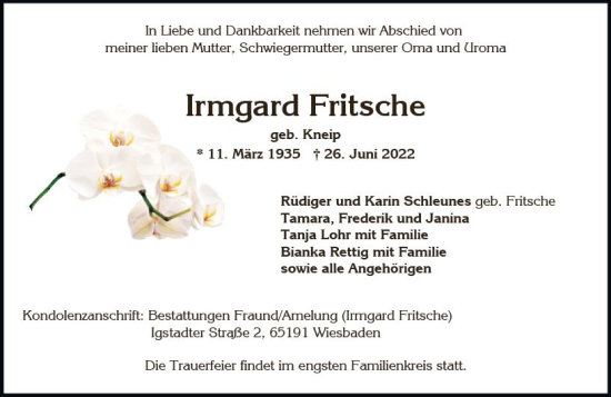 Traueranzeige von Irmgard Fritsche von vrm-trauer Wiesbadener Kurier