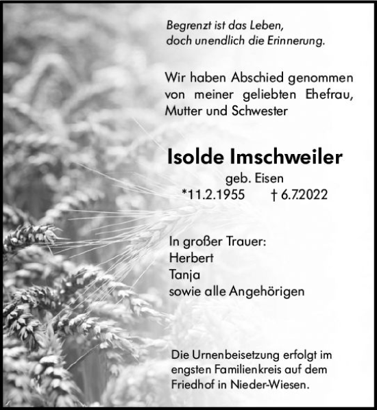 Traueranzeige von Isolde Imschweiler von vrm-trauer Allgemeine Zeitung Alzey