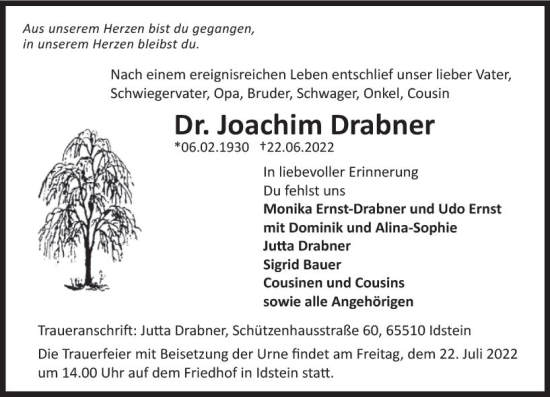 Traueranzeige von Joachim Drabner von vrm-trauer Idsteiner Zeitung