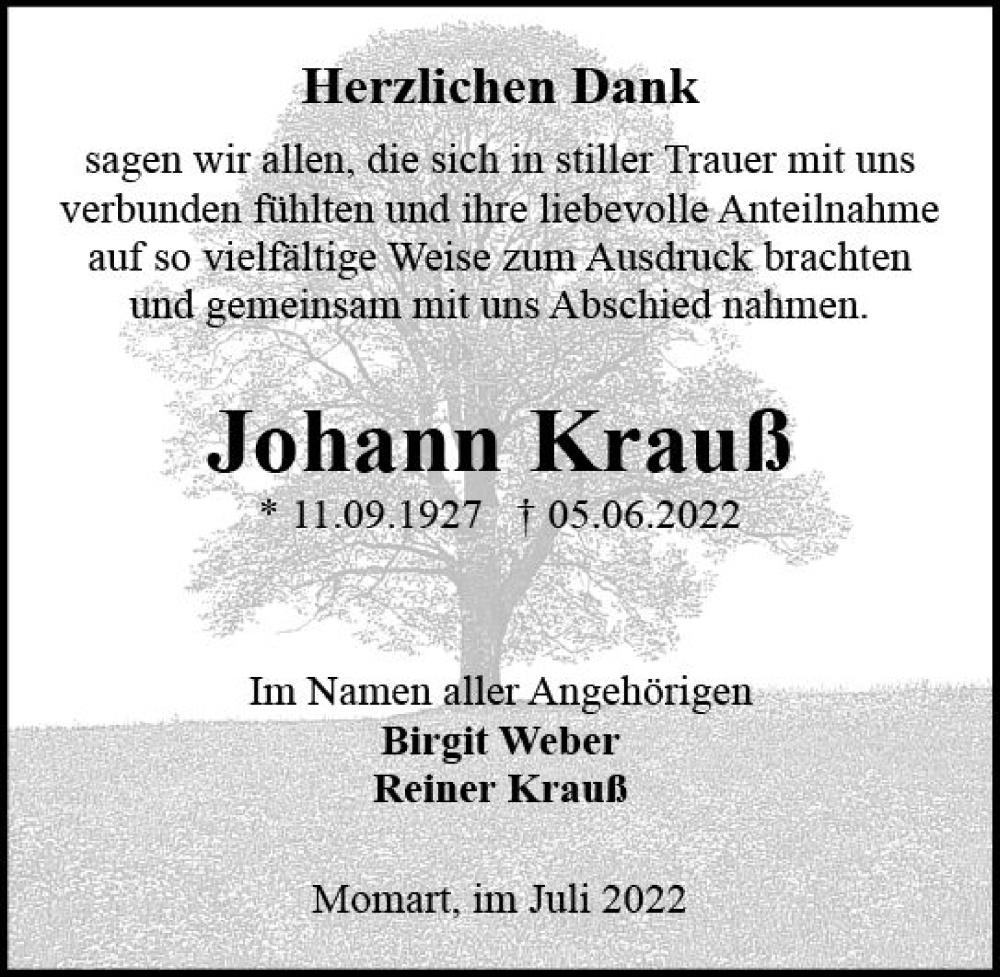  Traueranzeige für Johann Krauß vom 23.07.2022 aus vrm-trauer Odenwälder Echo