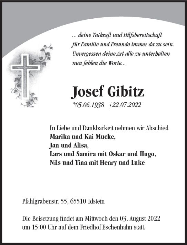  Traueranzeige für Josef Gibitz vom 30.07.2022 aus vrm-trauer Idsteiner Zeitung