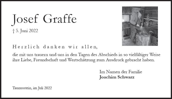 Traueranzeige von Josef Graffe von vrm-trauer WK-UTA