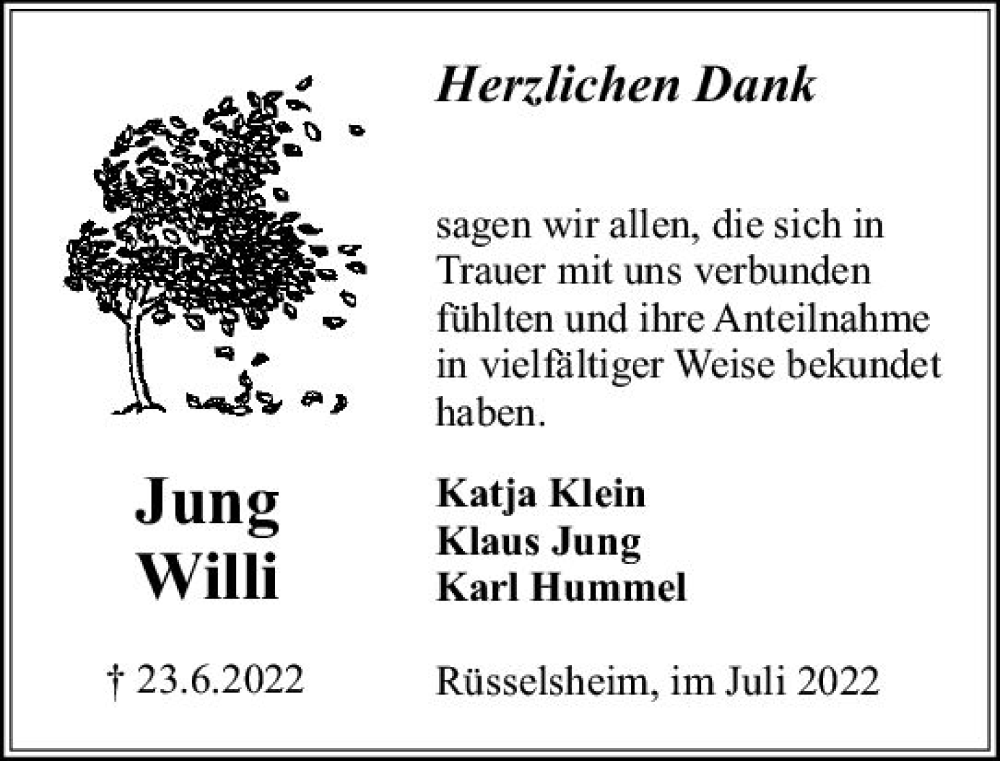  Traueranzeige für Jung Willi vom 16.07.2022 aus vrm-trauer Rüsselsheimer Echo / MainSpitze