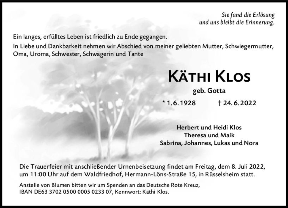  Traueranzeige für Käthi Klos vom 02.07.2022 aus vrm-trauer Rüsselsheimer Echo / MainSpitze