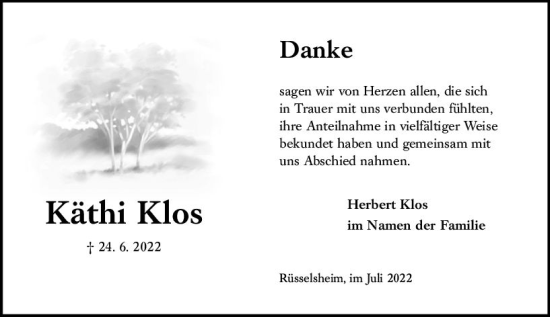 Traueranzeige von Käthi Klos von vrm-trauer Rüsselsheimer Echo / MainSpitze