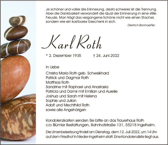 Traueranzeige von Karl Roth von vrm-trauer Allgemeine  Zeitung Ingelheim-Bingen