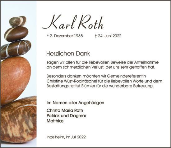 Traueranzeige von Karl Roth von vrm-trauer Allgemeine  Zeitung Ingelheim-Bingen
