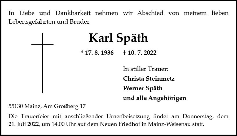  Traueranzeige für Karl Späth vom 16.07.2022 aus vrm-trauer AZ Mainz