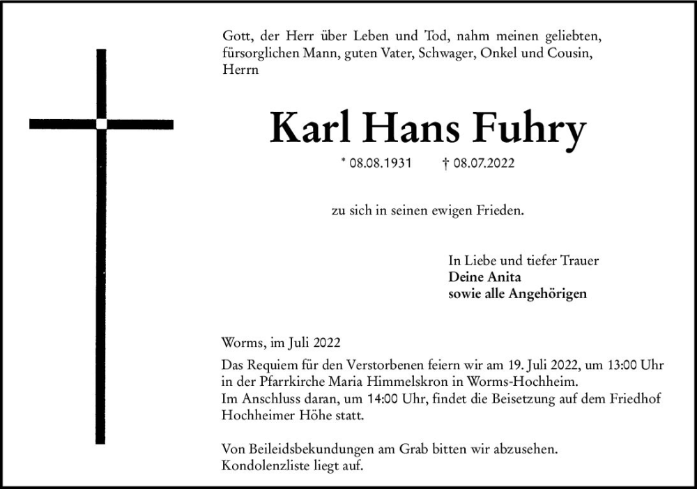  Traueranzeige für Karl Hans Fuhry vom 16.07.2022 aus vrm-trauer Wormser Zeitung