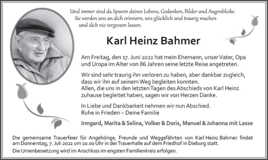Traueranzeige von Karl Heinz Bahmer von vrm-trauer DieburgerAnzeiger/Groß-Zimmerner Lokala
