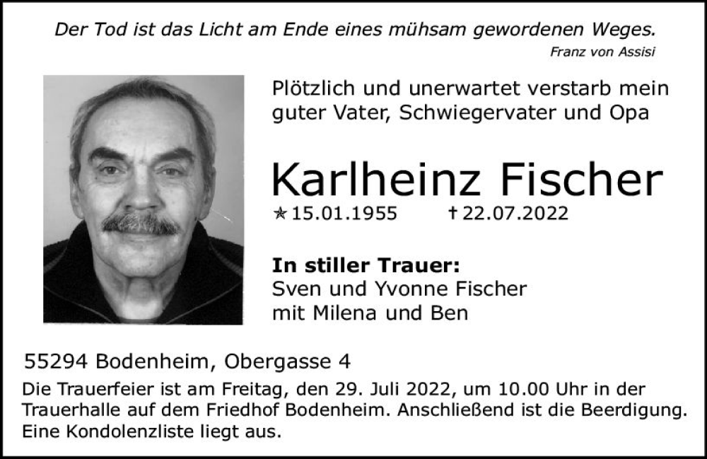  Traueranzeige für Karlheinz Fischer vom 27.07.2022 aus vrm-trauer AZ Mainz
