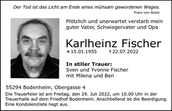 Traueranzeige von Karlheinz Fischer von vrm-trauer AZ Mainz