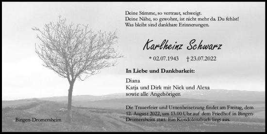 Traueranzeige von Karlheinz Schwarz von vrm-trauer Allgemeine  Zeitung Ingelheim-Bingen