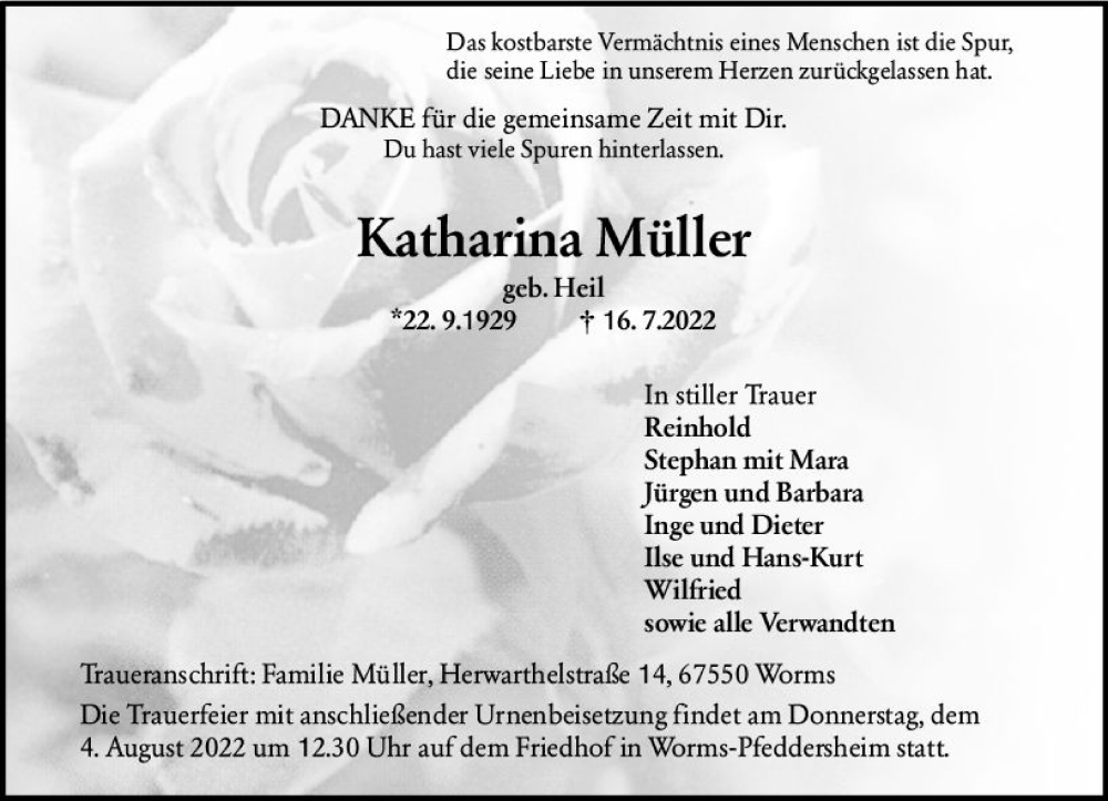  Traueranzeige für Katharina Müller vom 30.07.2022 aus vrm-trauer Wormser Zeitung