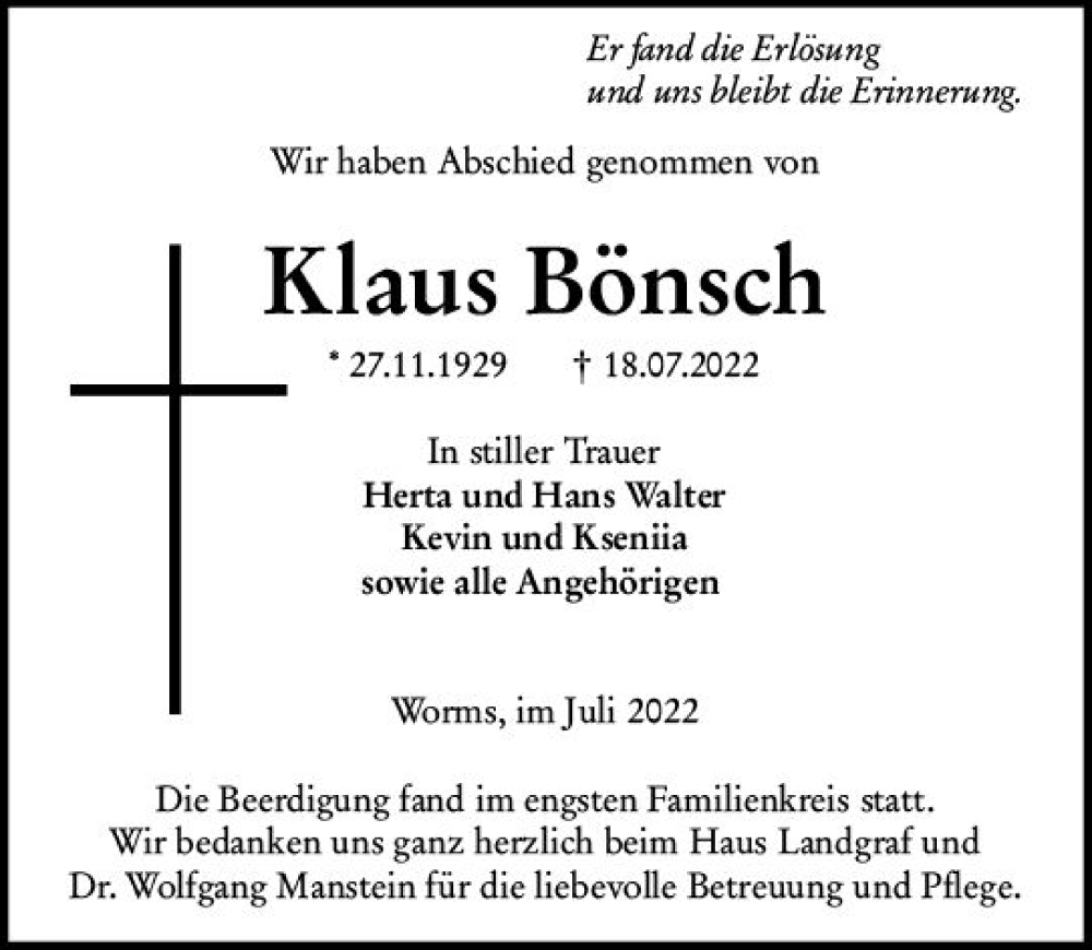  Traueranzeige für Klaus Bönsch vom 30.07.2022 aus vrm-trauer Wormser Zeitung
