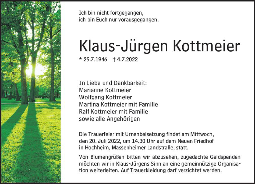  Traueranzeige für Klaus-Jürgen Kottmeier vom 08.07.2022 aus vrm-trauer Hochheimer Zeitung