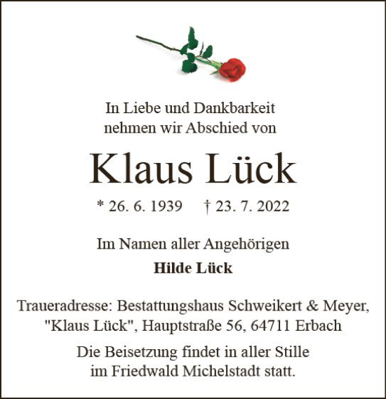 Traueranzeige von Klaus Lück von vrm-trauer Odenwälder Echo