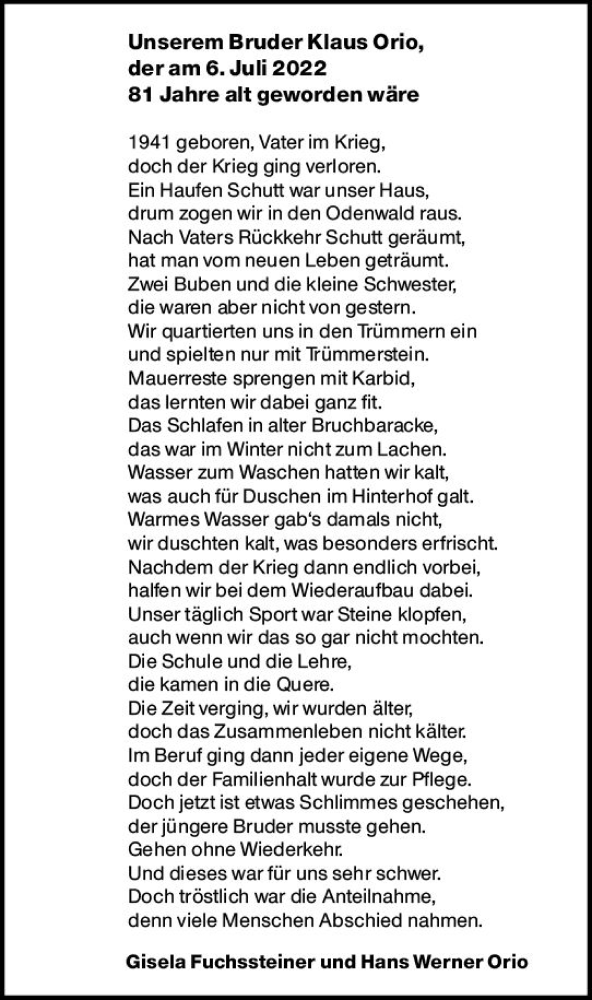  Traueranzeige für Klaus Orio vom 06.07.2022 aus vrm-trauer Darmstädter Echo