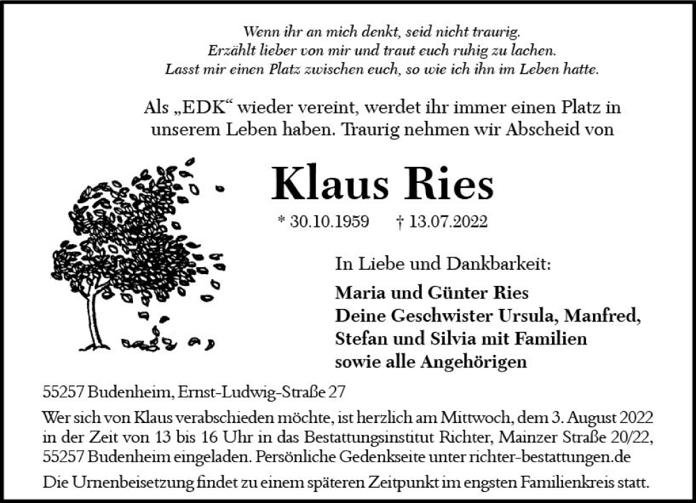  Traueranzeige für Klaus Ries vom 30.07.2022 aus vrm-trauer AZ Mainz