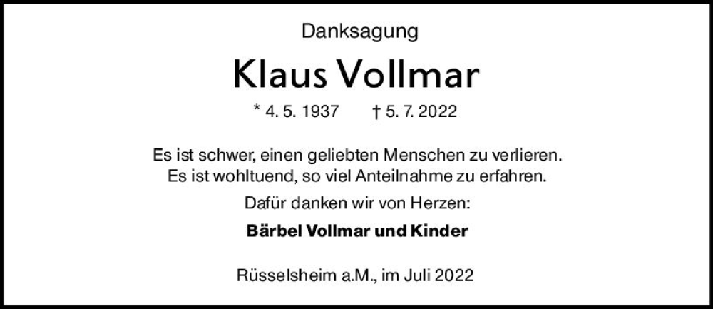  Traueranzeige für Klaus Vollmar vom 30.07.2022 aus vrm-trauer Rüsselsheimer Echo / MainSpitze