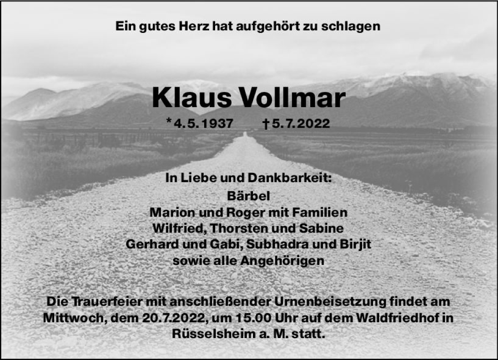  Traueranzeige für Klaus Vollmar vom 16.07.2022 aus vrm-trauer Rüsselsheimer Echo / MainSpitze
