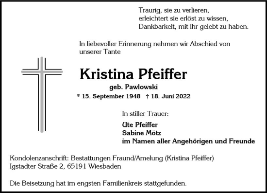 Traueranzeige von Kristina Pfeiffer von vrm-trauer Wiesbadener Kurier