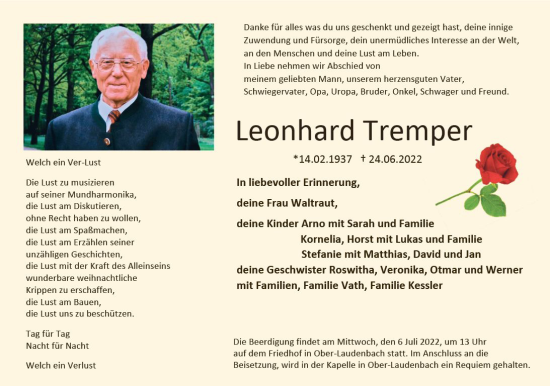 Traueranzeige von Leonhard Tremper von vrm-trauer Bürstädter/Lamperth. Ztg/Starkenburger