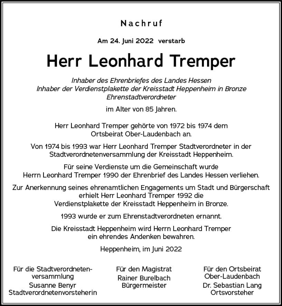  Traueranzeige für Leonhard Tremper vom 04.07.2022 aus vrm-trauer Bürstädter/Lamperth. Ztg/Starkenburger