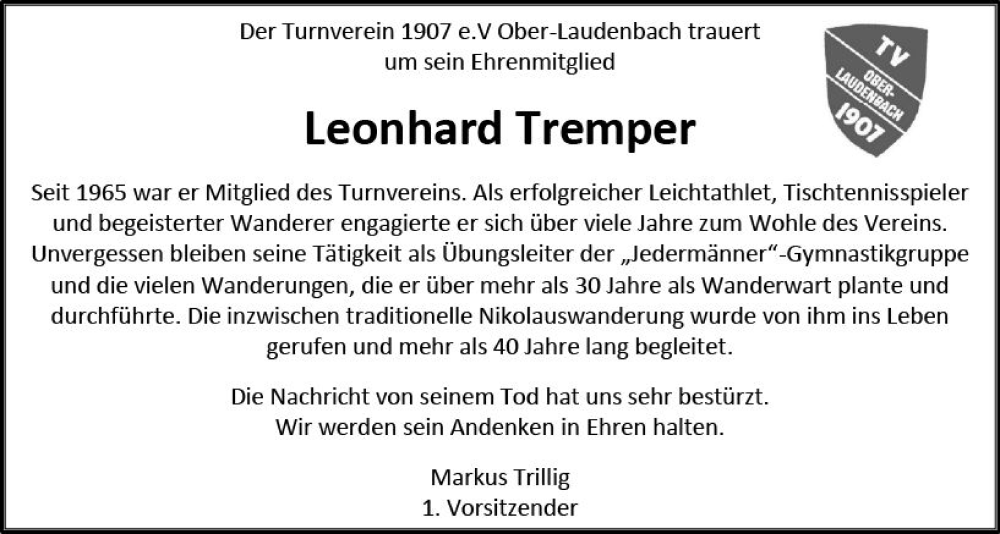  Traueranzeige für Leonhard Tremper vom 02.07.2022 aus vrm-trauer Bürstädter/Lamperth. Ztg/Starkenburger