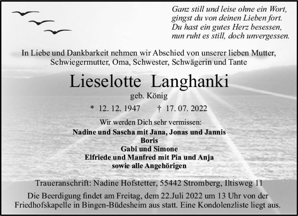  Traueranzeige für Lieselotte Langhanki vom 20.07.2022 aus vrm-trauer Allgemeine  Zeitung Ingelheim-Bingen