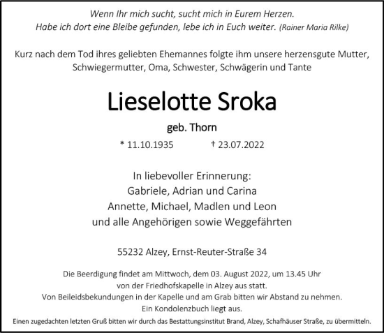 Traueranzeige von Lieselotte Sroka von vrm-trauer Allgemeine Zeitung Alzey