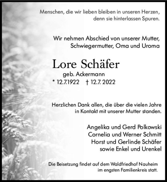 Traueranzeige von Lore Schäfer von vrm-trauer Rüsselsheimer Echo / MainSpitze